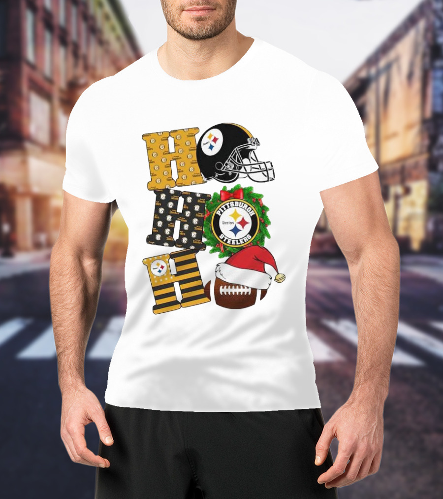 Pittsburgh Steelers Ho Ho Ho Merry Christmas Football Helmet Wreath Santa Hat T-Shirt