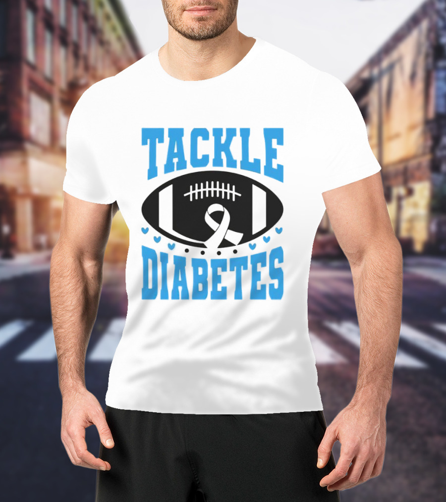 Tackle Diabetes Awareness Football Design With Blue Ribbon And Hearts T-Shirt