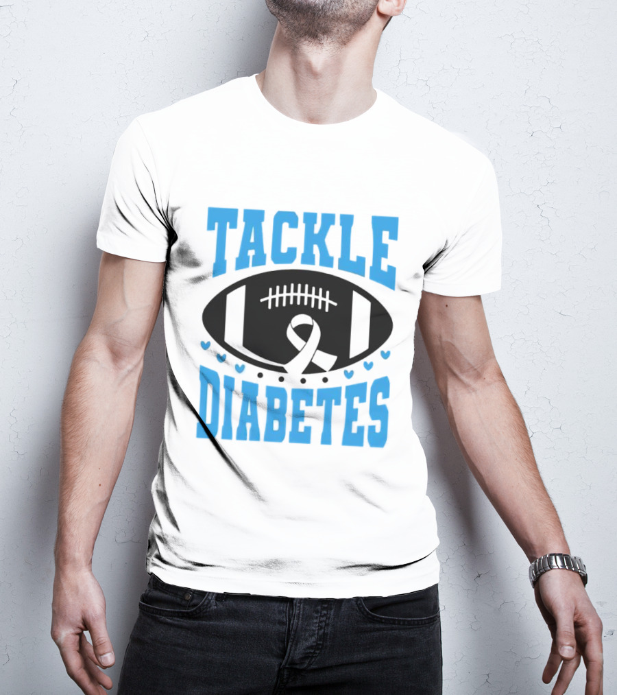 Tackle Diabetes Awareness Football Design With Blue Ribbon And Hearts T-Shirt