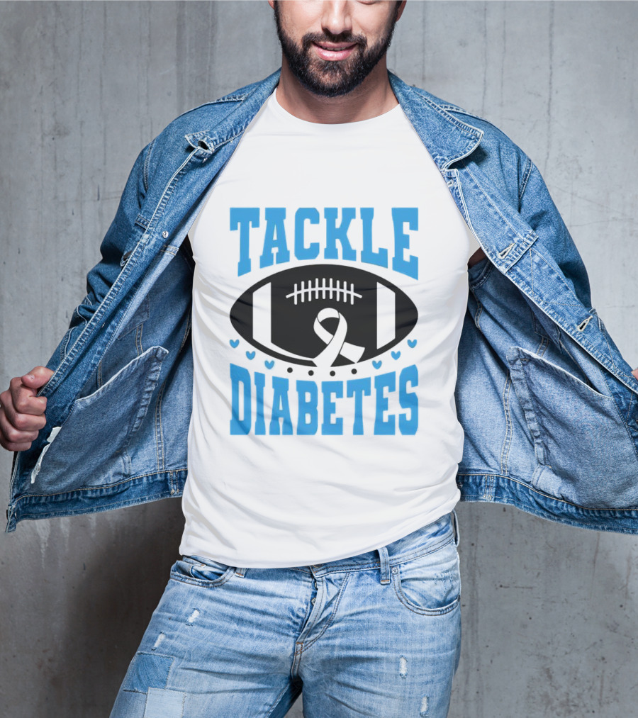 Tackle Diabetes Awareness Football Design With Blue Ribbon And Hearts T-Shirt