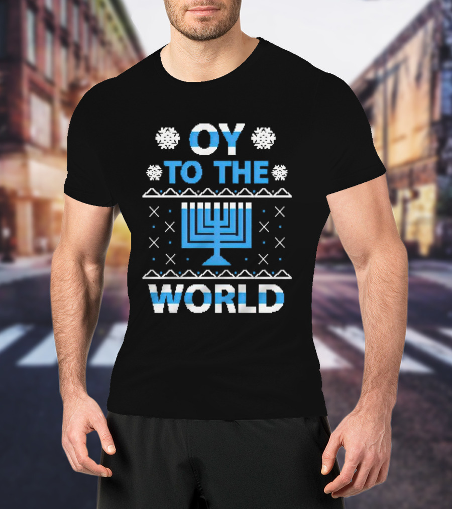 Oy To The World Happy Hanukkah Menorah Snowflakes T-Shirt
