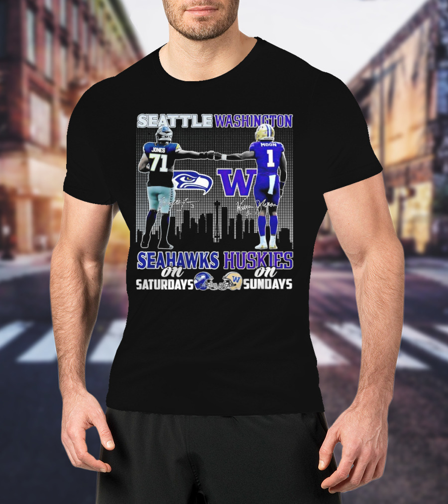 Seattle Seahawks Jones Saturdays Washington Huskies Moon Sundays T-Shirt