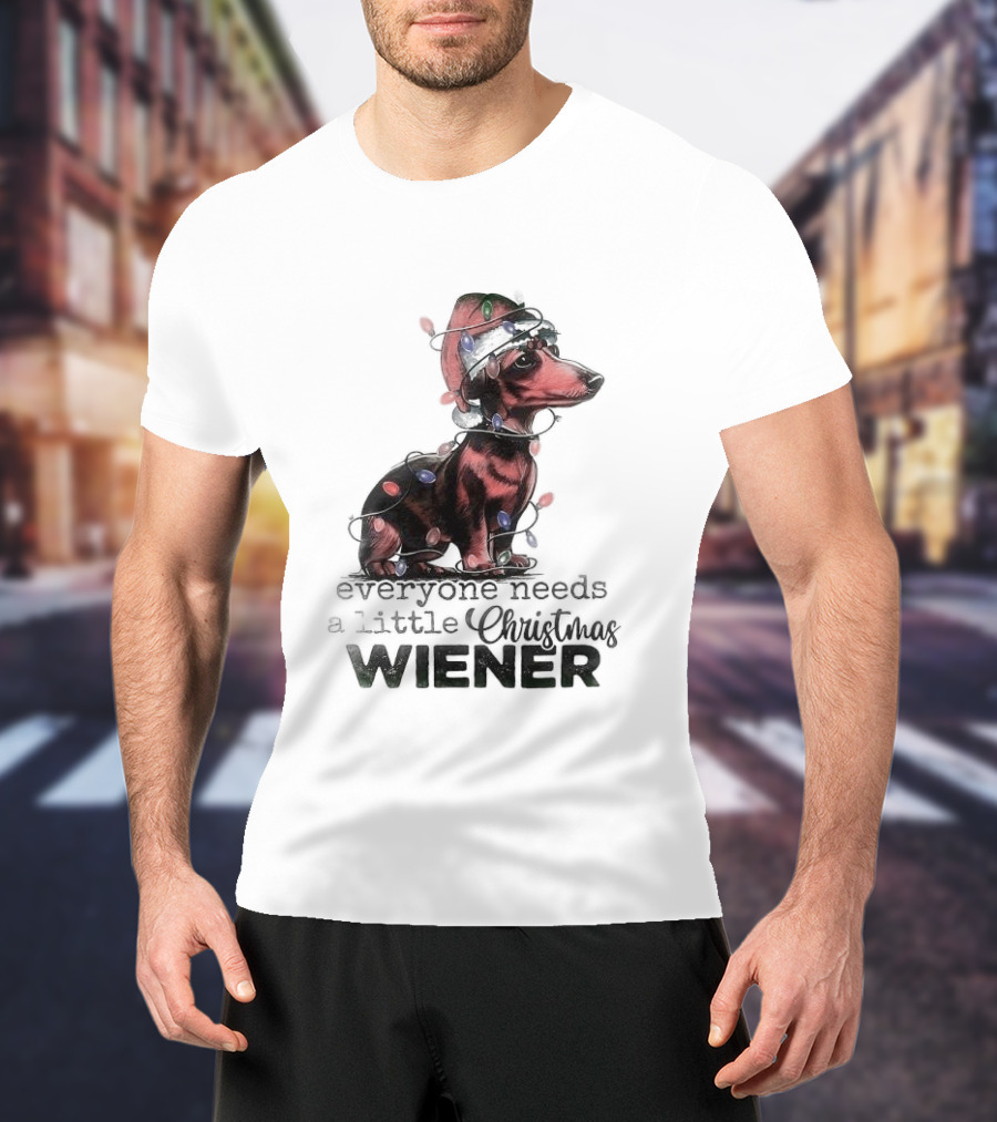 Everyone Needs A Little Christmas Wiener Dachshund With Lights And Santa Hat T-Shirt