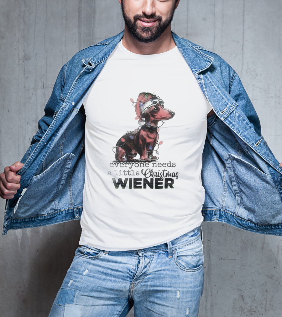 Everyone Needs A Little Christmas Wiener Dachshund With Lights And Santa Hat T-Shirt
