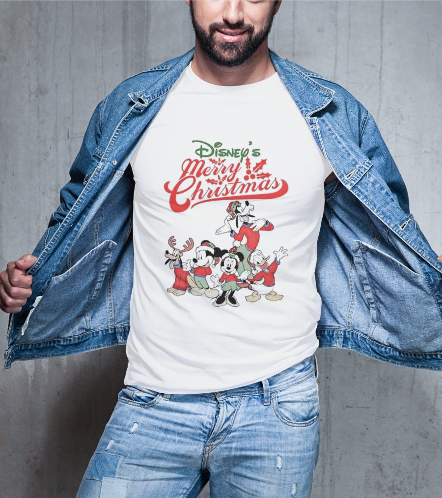Disney’s Merry Christmas Mickey Minnie Goofy Pluto Festive Holiday T-Shirt