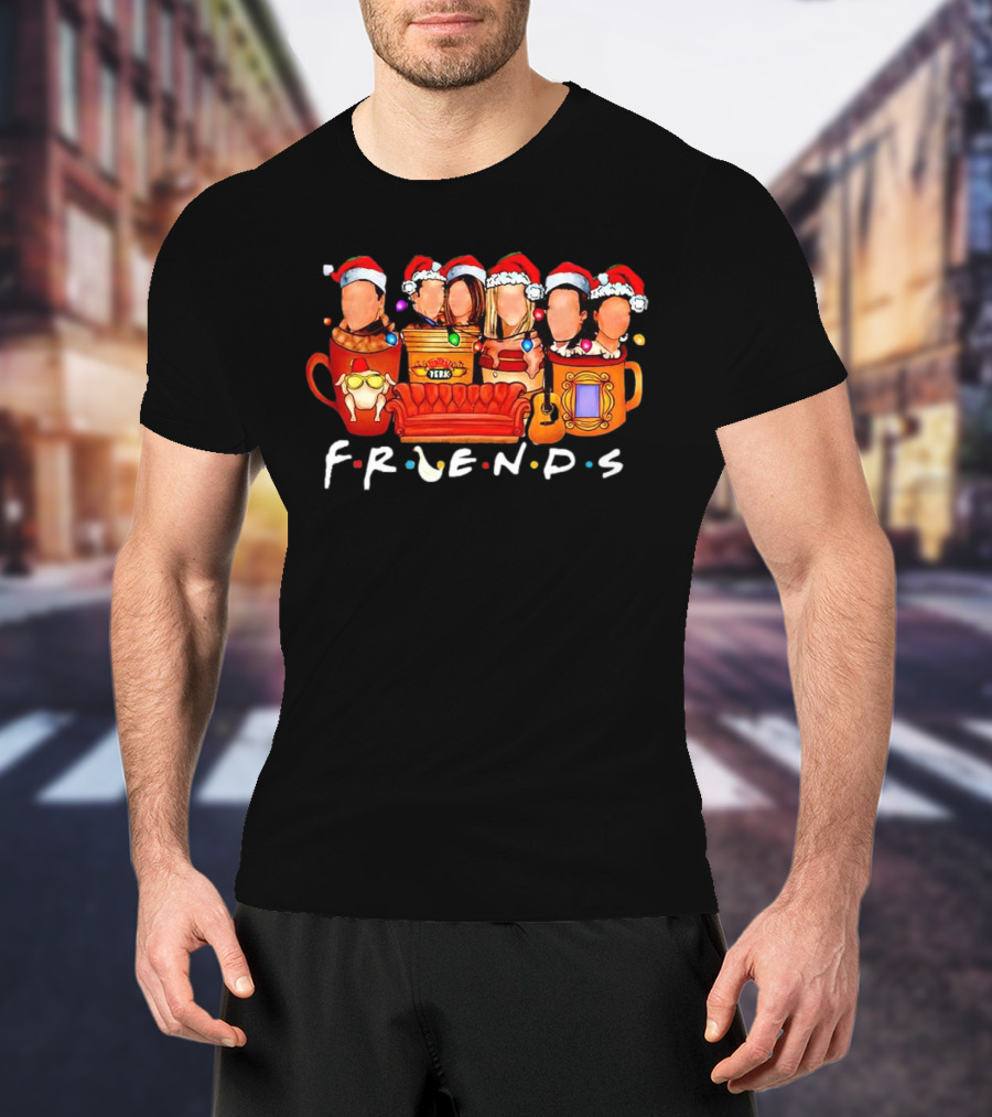 Friends Christmas Santa Hats Couch Central Perk Logo Mugs Guitar T-Shirt