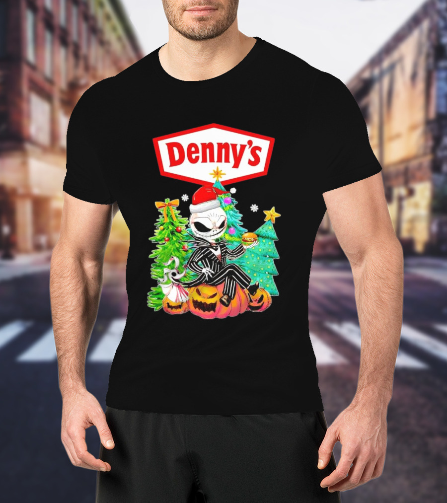 Denny’s Jack Skellington Santa Sitting On Pumpkins With Christmas Trees T-Shirt