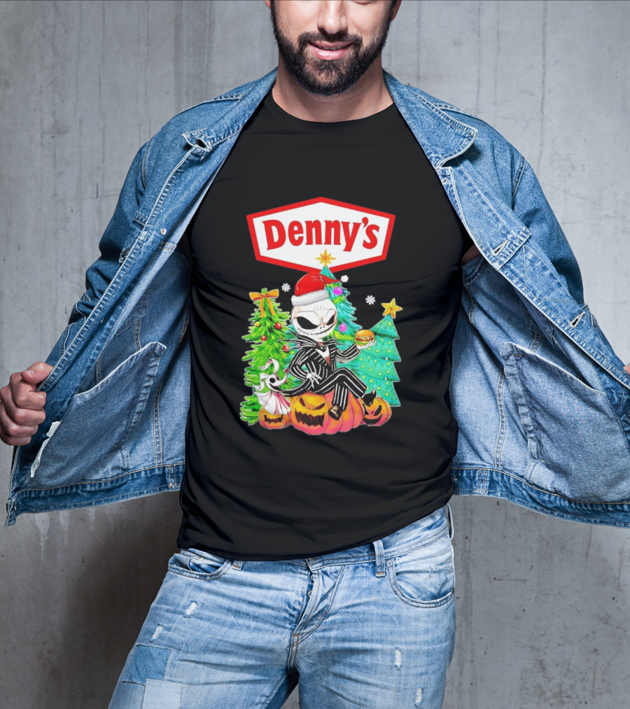 Denny’s Jack Skellington Santa Sitting On Pumpkins With Christmas Trees T-Shirt