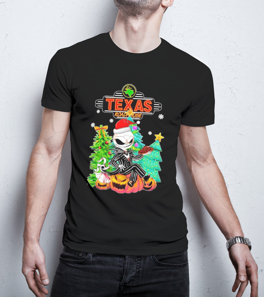 Jack Skellington Christmas With Texas Roadhouse Pumpkin And Christmas Trees T-Shirt