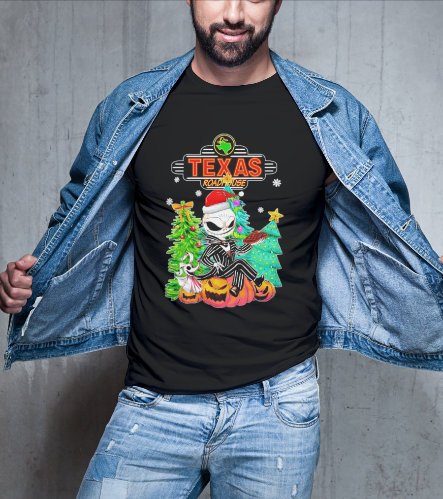 Jack Skellington Christmas With Texas Roadhouse Pumpkin And Christmas Trees T-Shirt