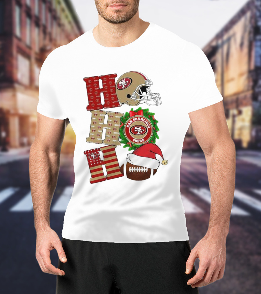 San Francisco 49ers Ho Ho Ho Merry Christmas Football Helmet Wreath Santa Hat T-Shirt