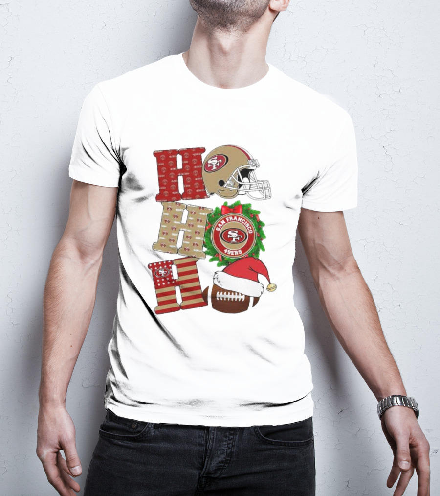 San Francisco 49ers Ho Ho Ho Merry Christmas Football Helmet Wreath Santa Hat T-Shirt