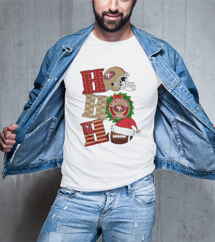San Francisco 49ers Ho Ho Ho Merry Christmas Football Helmet Wreath Santa Hat T-Shirt