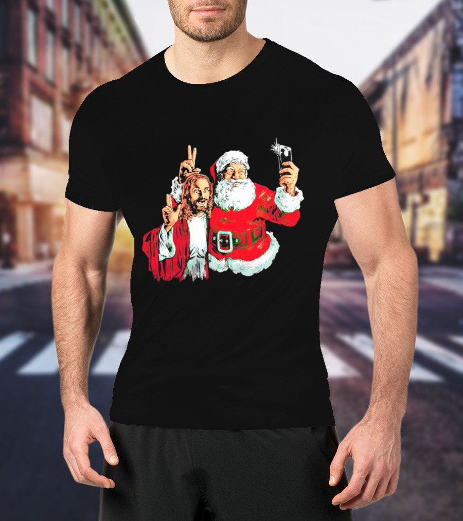 Santa And Jesus Taking Selfie Best Friends Christmas T-Shirt