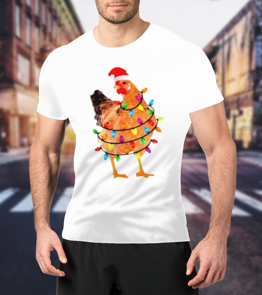 Santa Chicken Wrapped In Christmas Lights T-Shirt