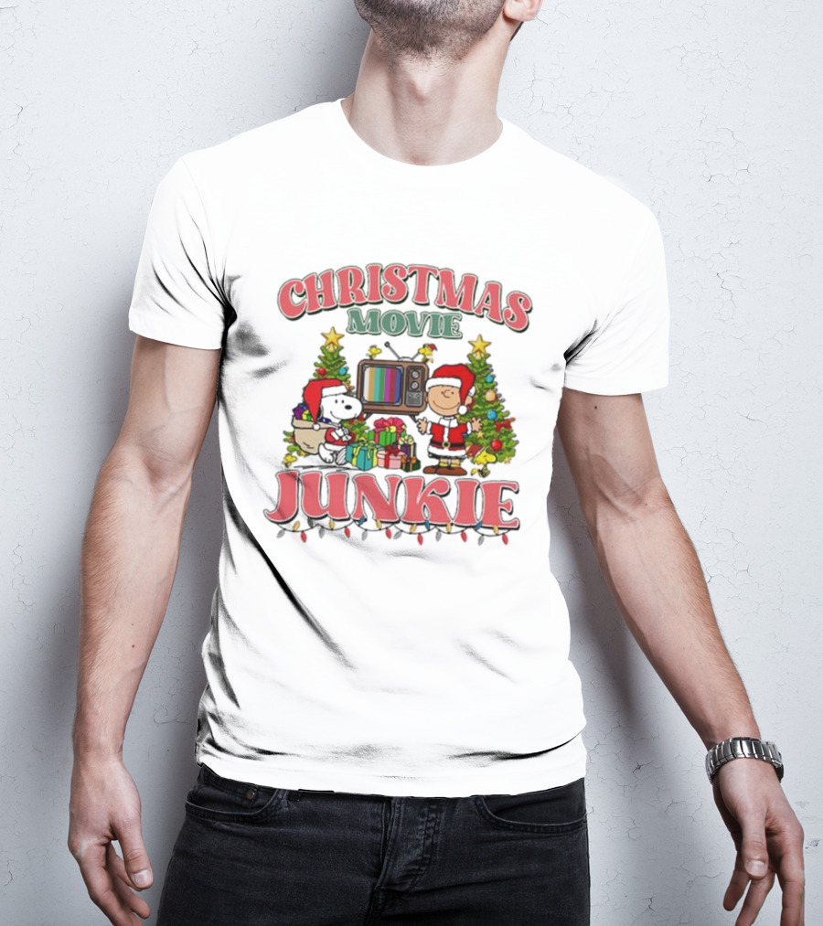 Snoopy And Charlie Brown Christmas Movie Junkie With TV And Gifts T-Shirt