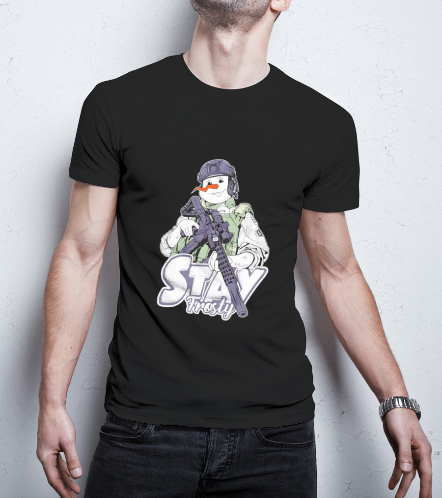 Stay Frosty Snowman Soldier With Rifle Drawing T-Shirt