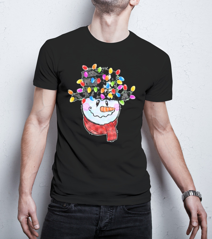 Snowman Wrapped In Colorful Christmas Lights With Black Top Hat And Red Scarf T-Shirt