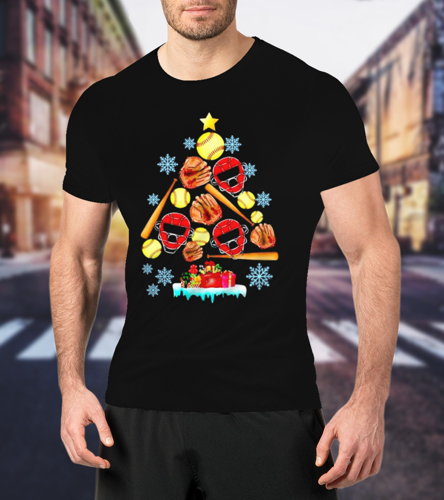 Christmas Tree With Softballs Bats Helmets Mitts And Gifts T-Shirt