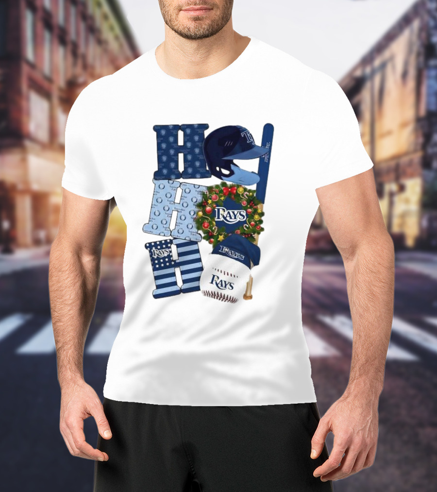 Tampa Bay Rays Ho Ho Ho Merry Christmas Baseball Helmet Wreath T-Shirt