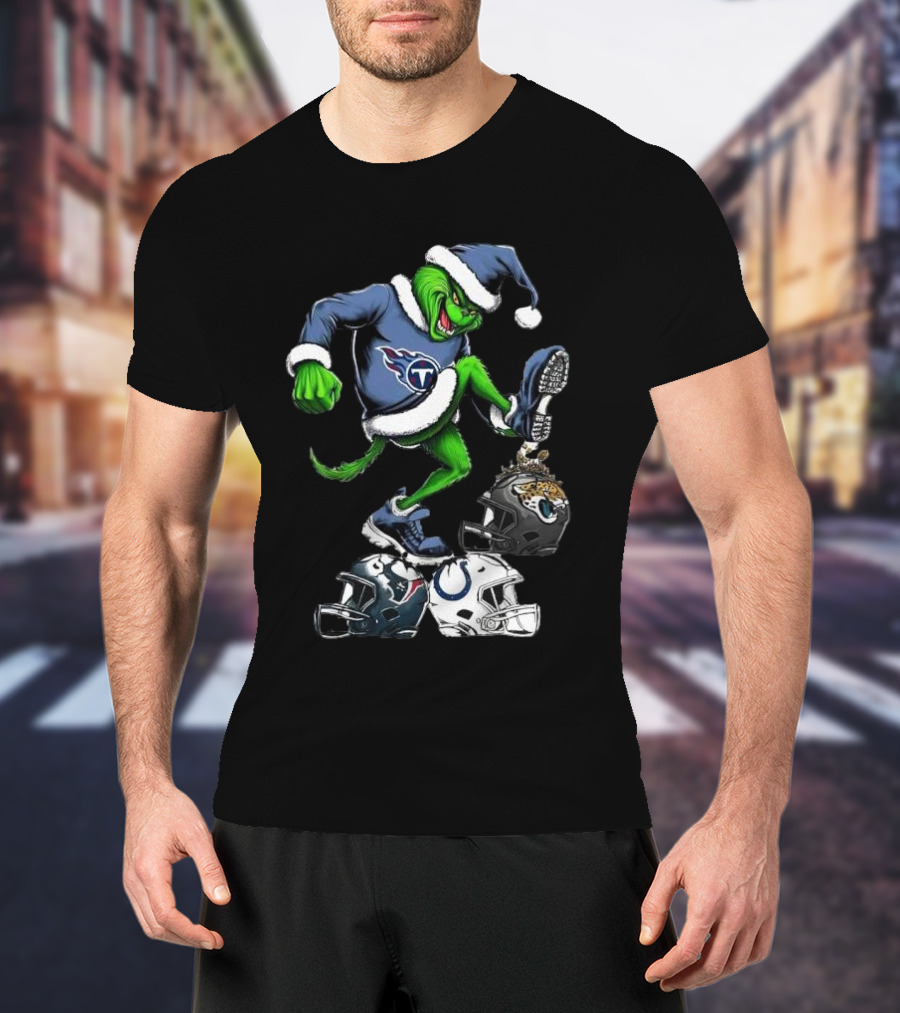 Tennessee Titans Grinch Stomping Jaguars Texans Colts Helmets Christmas T-Shirt