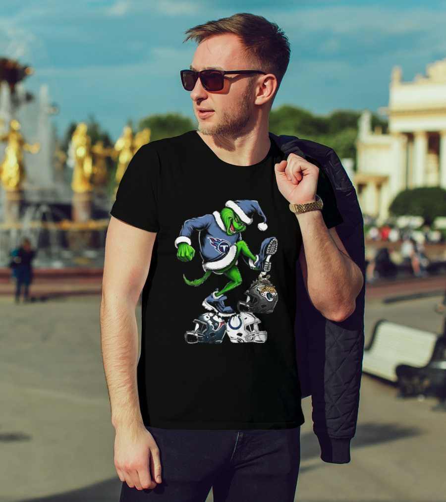 Tennessee Titans Grinch Stomping Jaguars Texans Colts Helmets Christmas T-Shirt