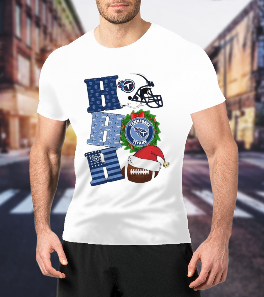 Tennessee Titans Ho Ho Ho Merry Christmas Football Helmet Santa Hat Wreath T-Shirt