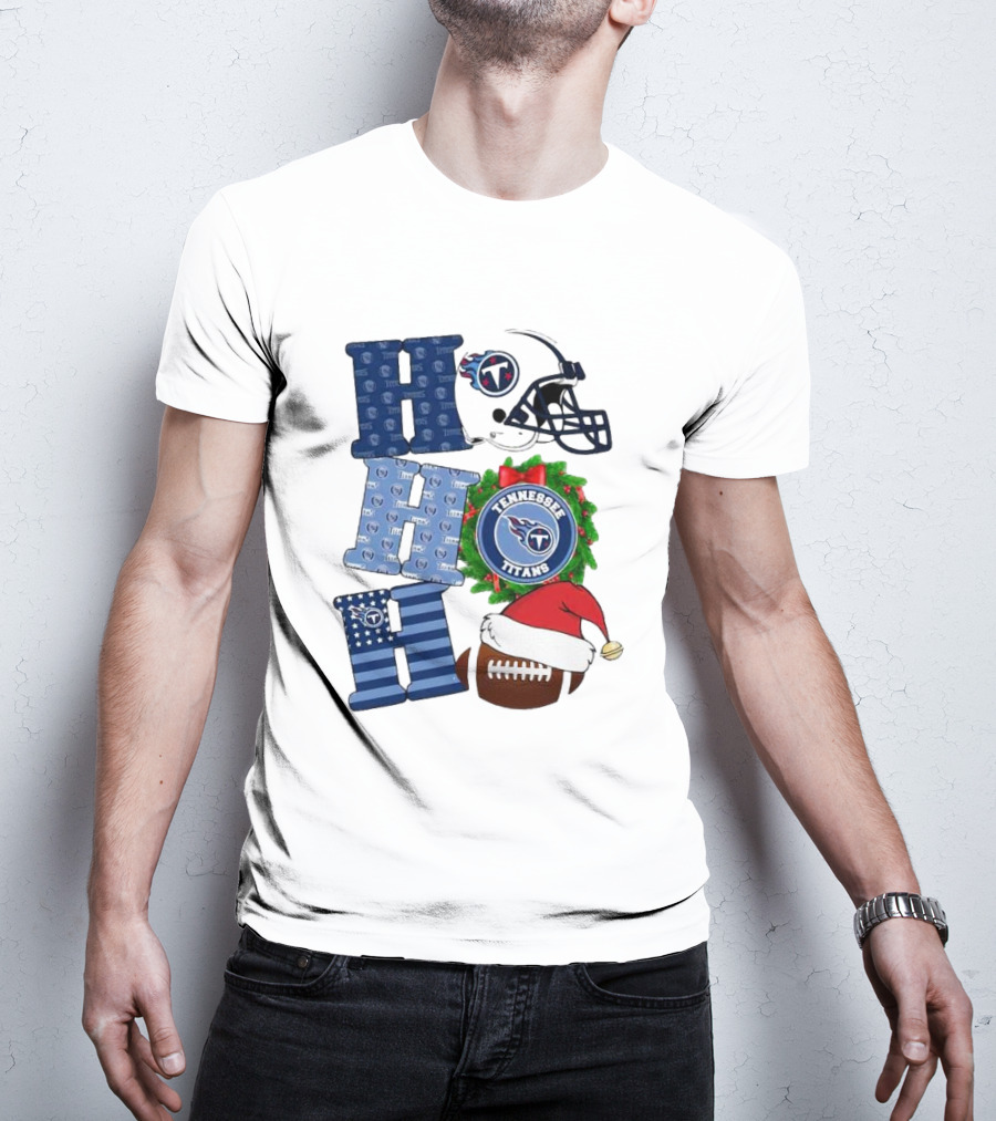 Tennessee Titans Ho Ho Ho Merry Christmas Football Helmet Santa Hat Wreath T-Shirt