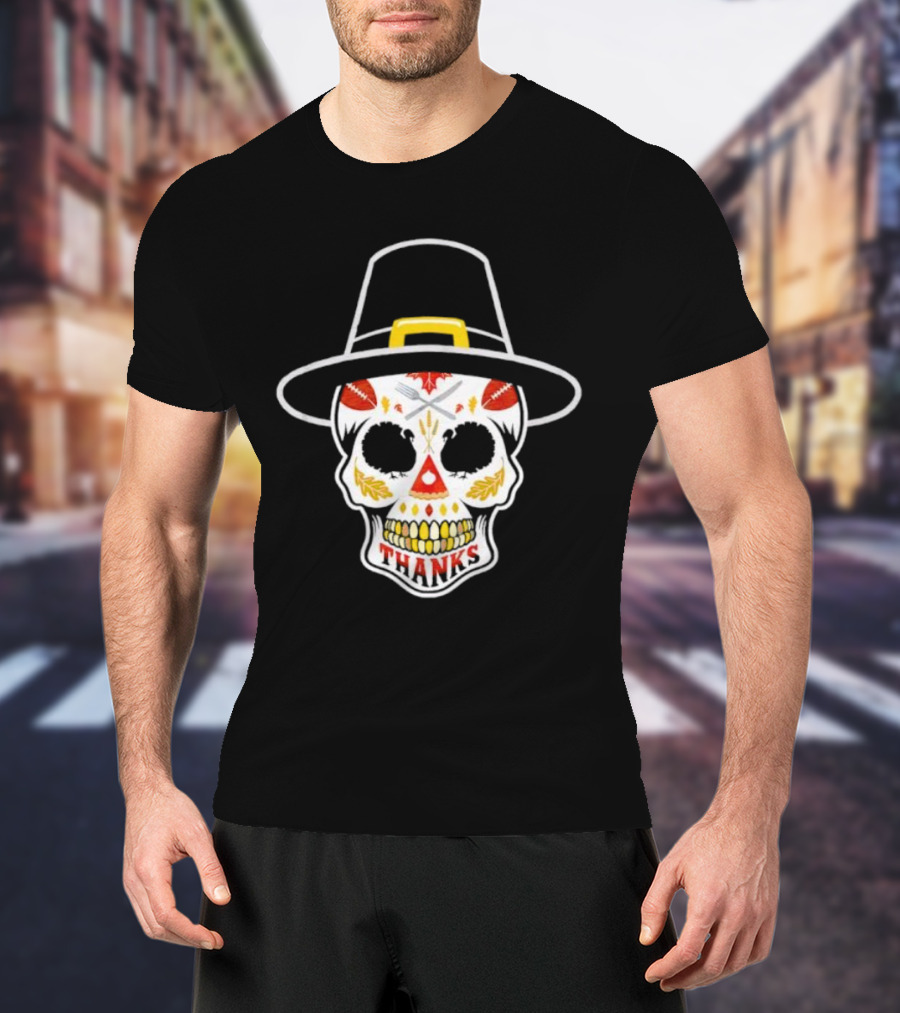 Thanksgiving Sugar Skull Thanks Pilgrim Hat Football Leaves T-Shirt
