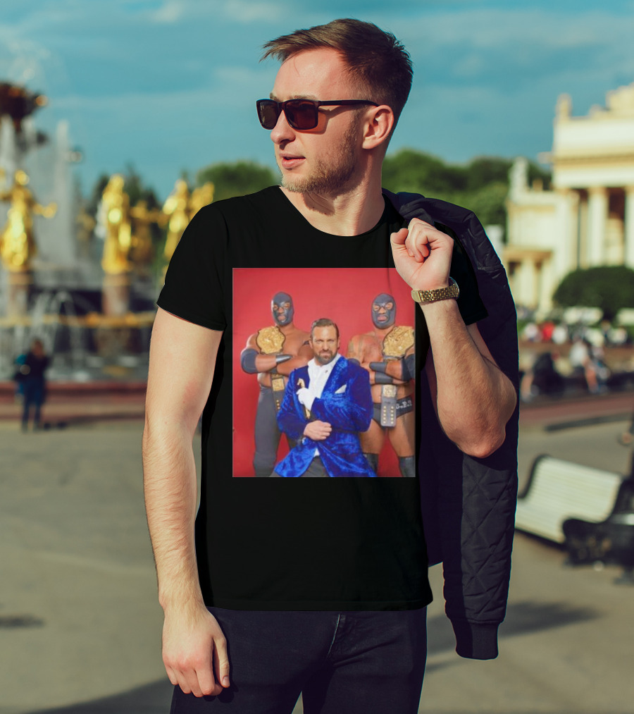 Blunt Force Trauma Wrestling Champions With Blue Masked Duo And Manager In Velvet Suit T-Shirt