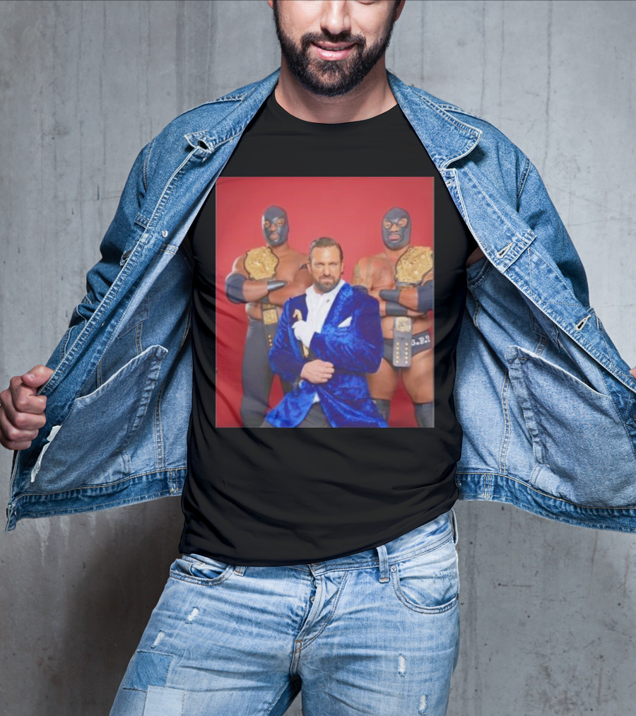 Blunt Force Trauma Wrestling Champions With Blue Masked Duo And Manager In Velvet Suit T-Shirt