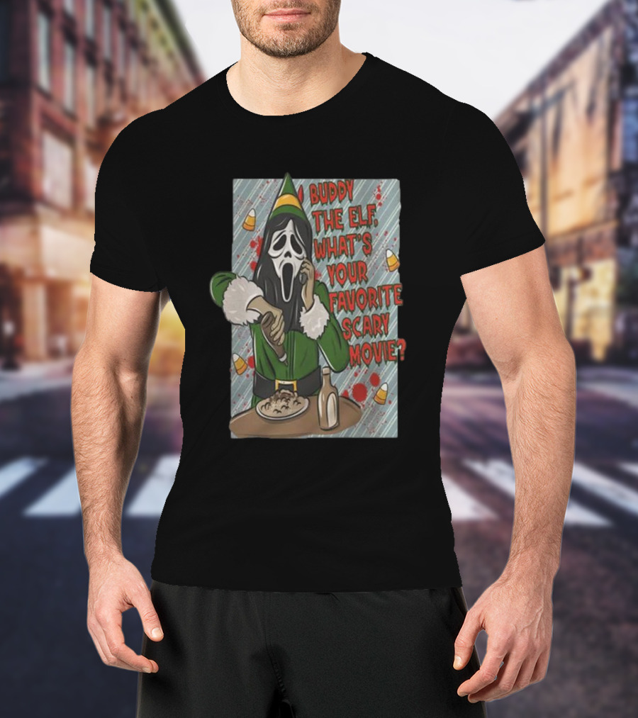 Buddy The Elf What's Your Favorite Scary Movie Ghoshtface Eating Pasta With Candy Corn And Bottle T-Shirt