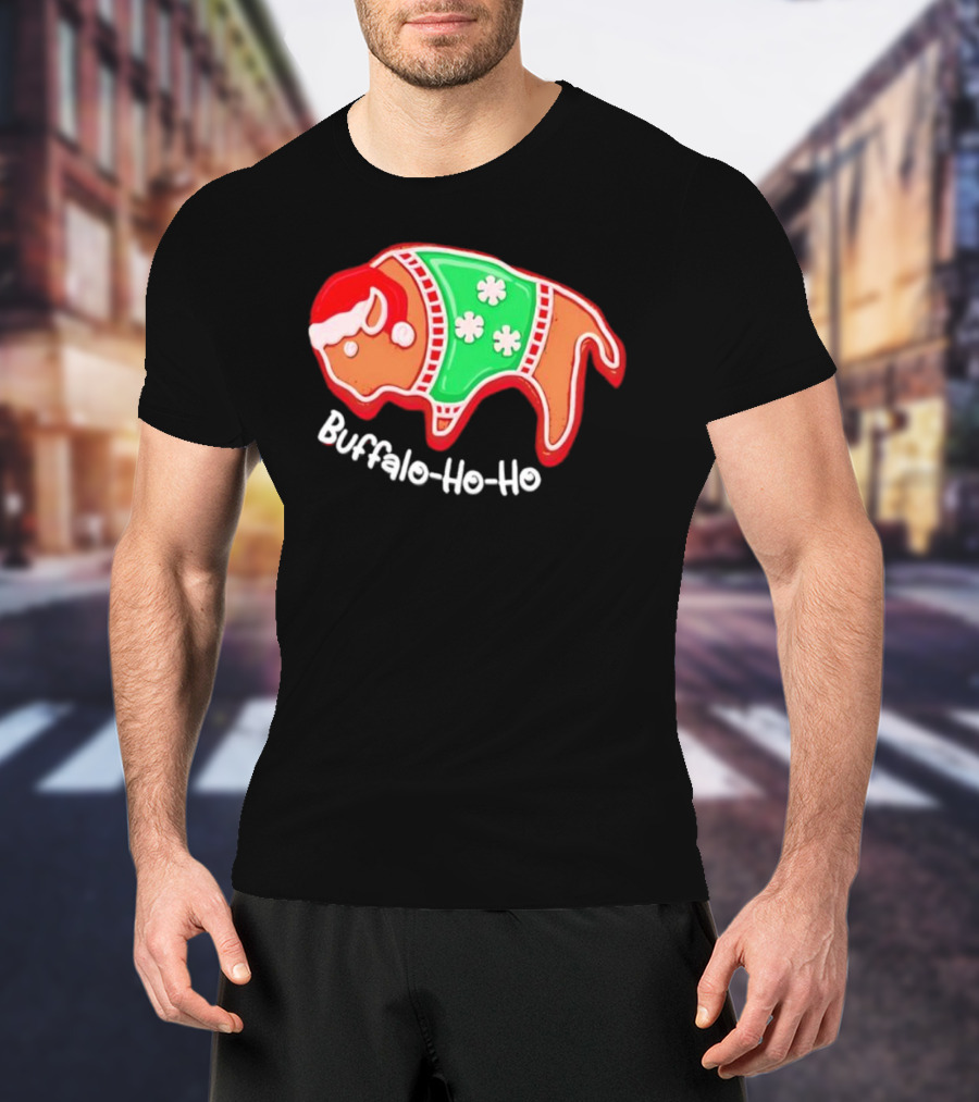 Buffalo-Ho-Ho Christmas Gingerbread Bison Santa T-Shirt