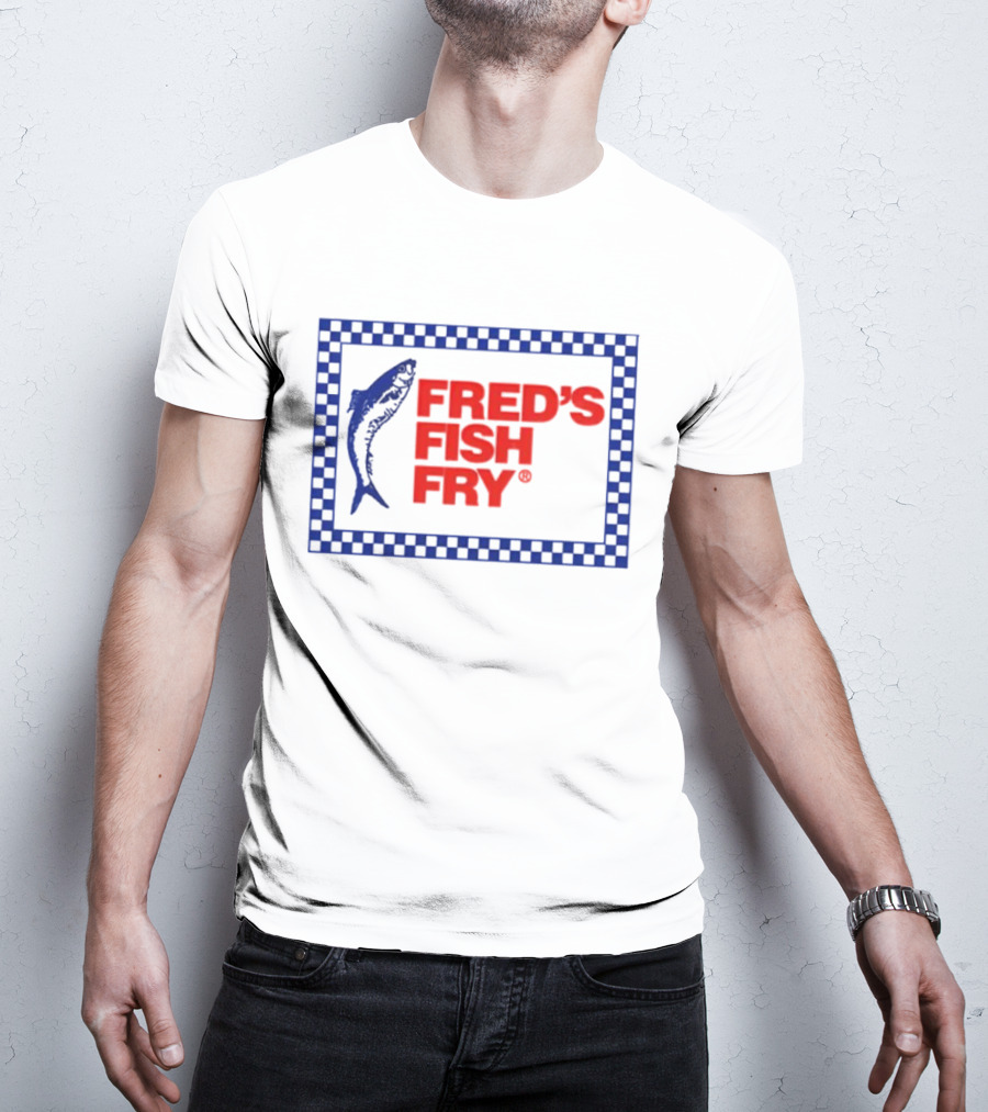 FRED'S FISH FRY Checkered Border With Jumping Fish T-Shirt