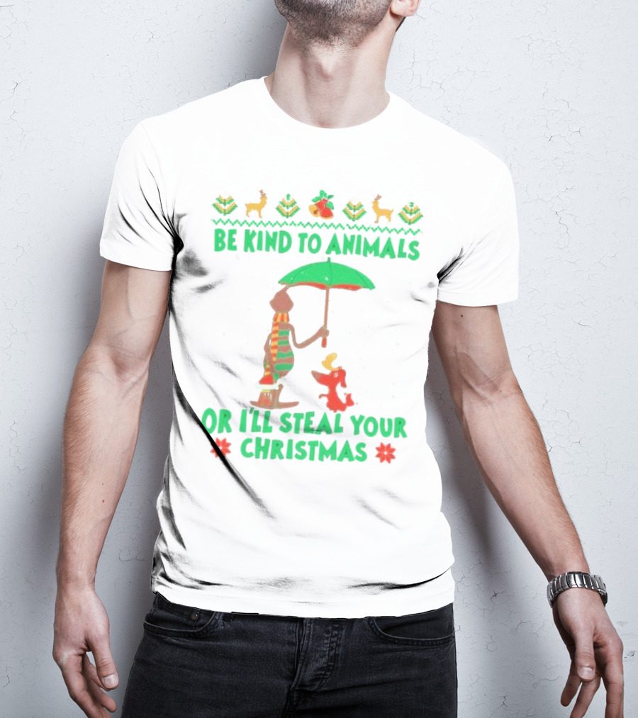 Be Kind To Animals Or I’ll Steal Your Christmas Grinch And Dog With Holiday Symbols T-Shirt