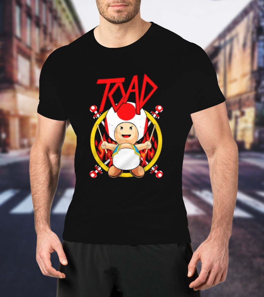 TOAD Heavy Metal Mushroom Drummer With Drumsticks And Flames Background T-Shirt