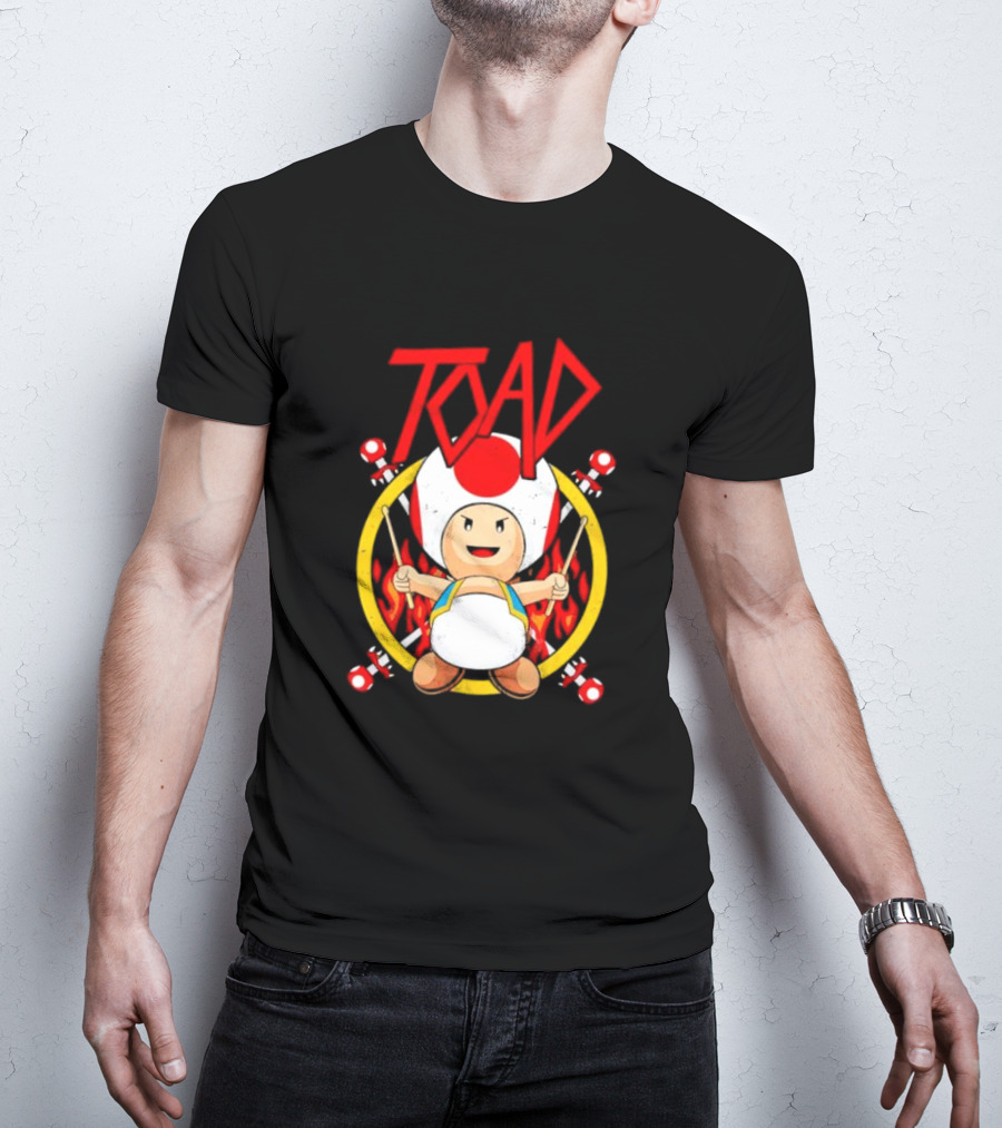 TOAD Heavy Metal Mushroom Drummer With Drumsticks And Flames Background T-Shirt