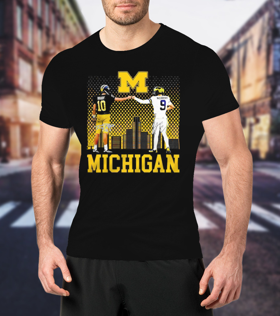 Michigan Wolverines Tom Brady Jj McCarthy Iconic Players Fist Bump Skyline T-Shirt