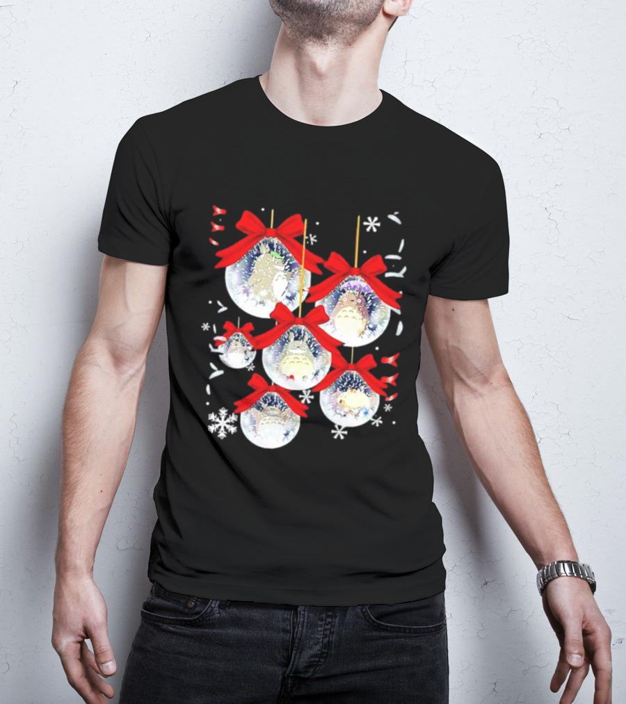 Totoro Chibi Christmas Ornaments With Snowflakes And Red Bows T-Shirt