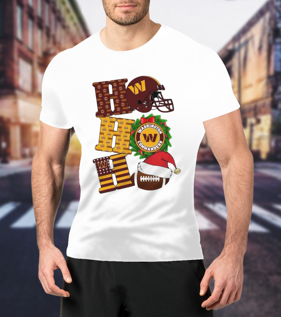 Washington Commanders Helmet Wreath Football Ho Ho Ho Merry Christmas T-Shirt