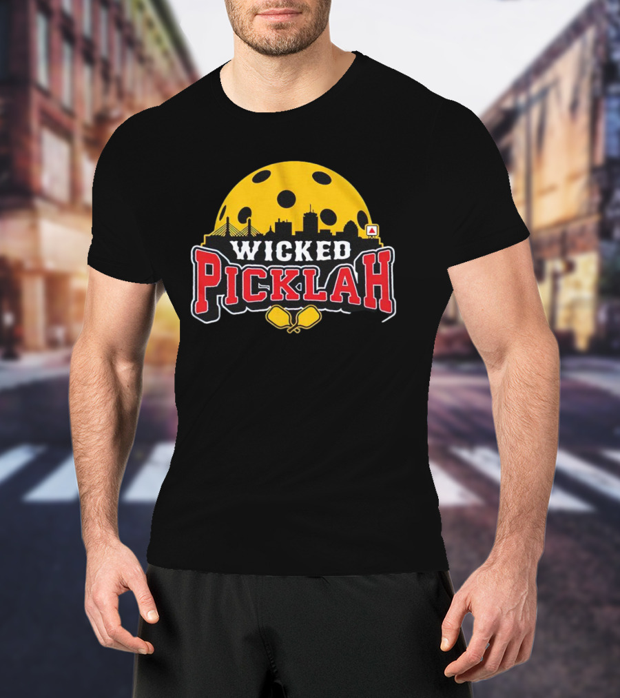 Wicked Picklah Boston Skyline Pickleball Paddle Bridge T-Shirt