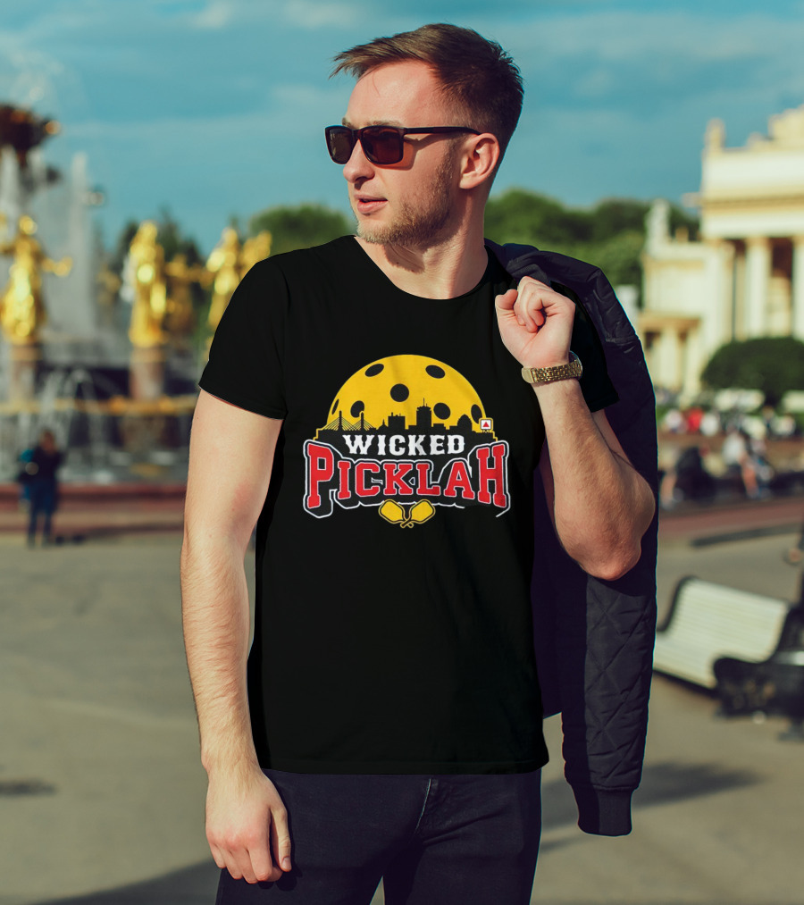 Wicked Picklah Boston Skyline Pickleball Paddle Bridge T-Shirt