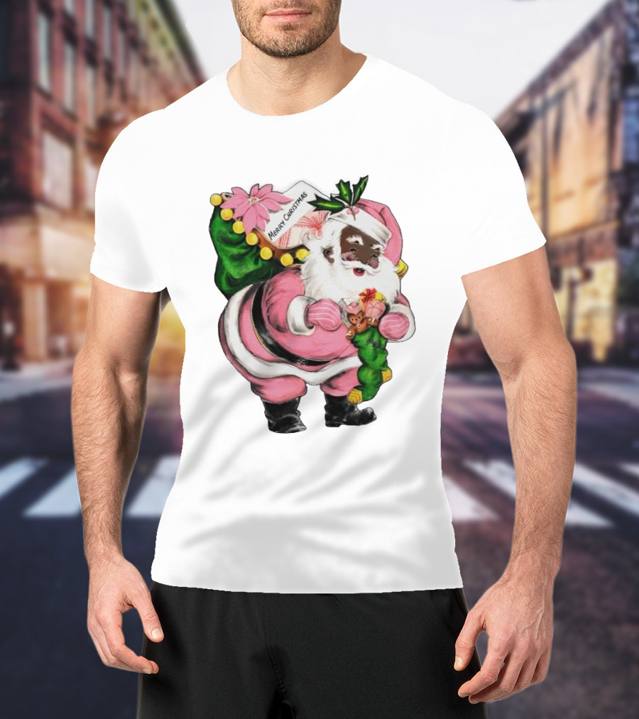 Merry Christmas Santa Claus Wear Pink Outfit With Sack And Toys T-Shirt