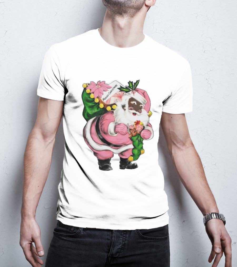 Merry Christmas Santa Claus Wear Pink Outfit With Sack And Toys T-Shirt
