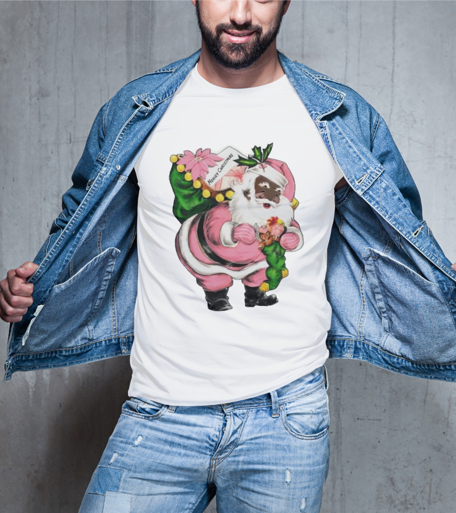 Merry Christmas Santa Claus Wear Pink Outfit With Sack And Toys T-Shirt