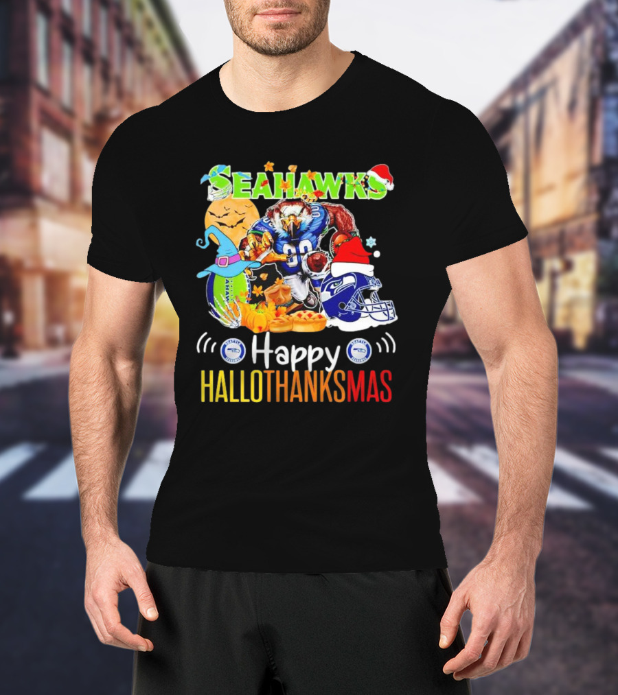 Seattle Seahawks Happy HalloThanksMas Holiday T-Shirt