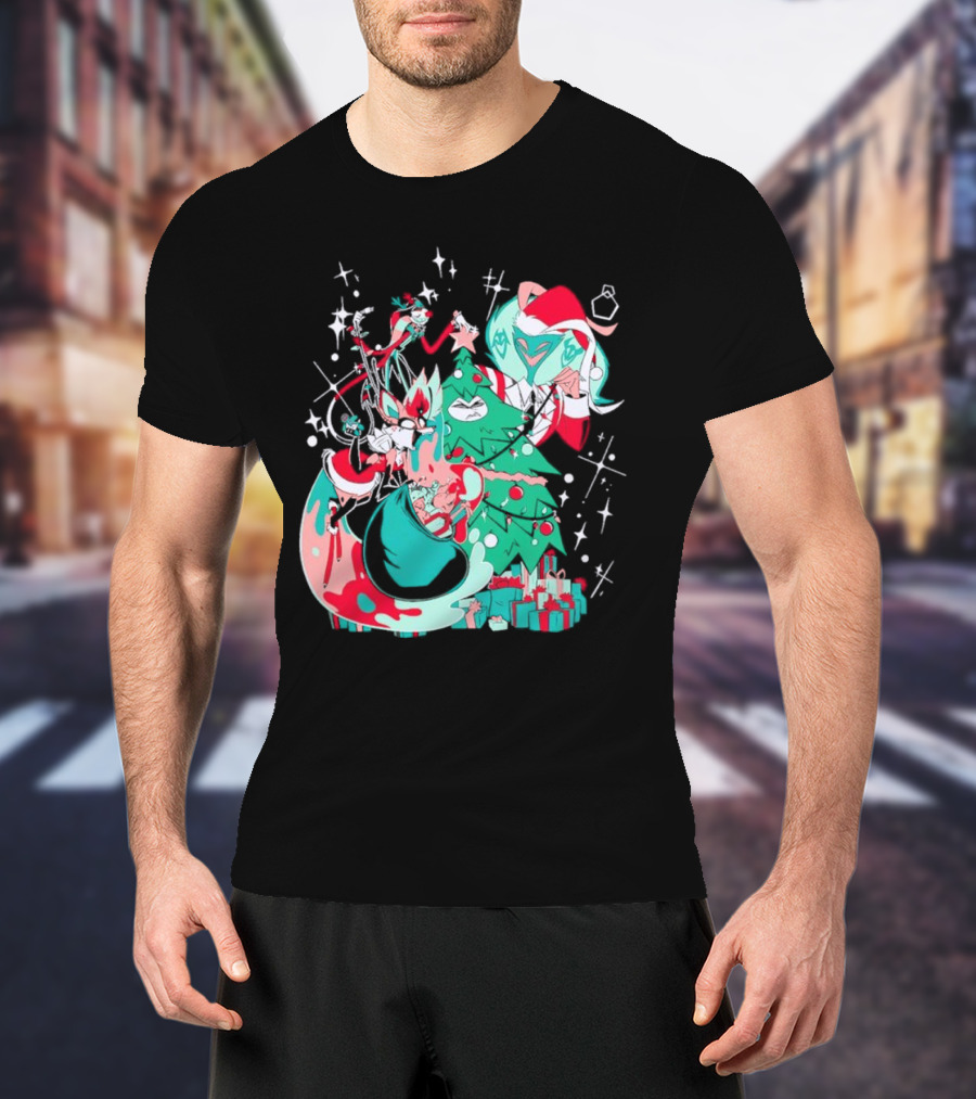 Shark Robot Sinful Holiday Christmas Hazbin Hotel Festive Tree And Characters T-Shirt