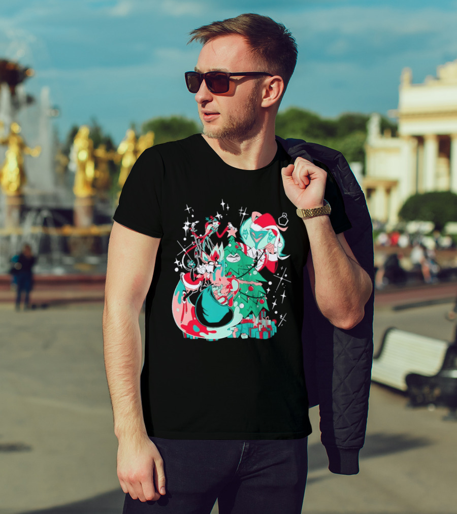 Shark Robot Sinful Holiday Christmas Hazbin Hotel Festive Tree And Characters T-Shirt