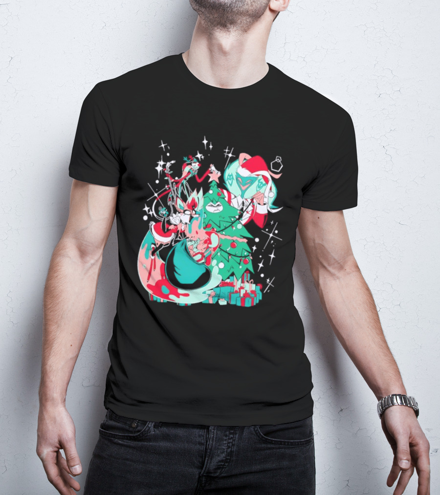 Shark Robot Sinful Holiday Christmas Hazbin Hotel Festive Tree And Characters T-Shirt