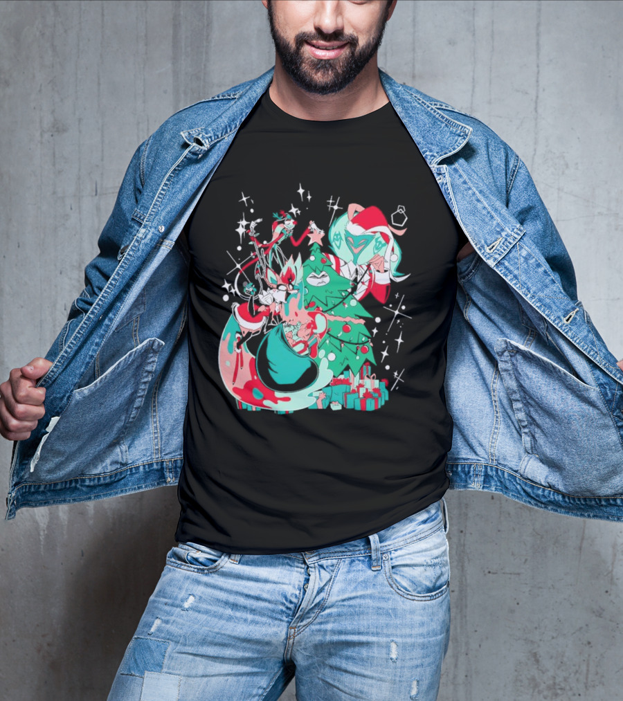Shark Robot Sinful Holiday Christmas Hazbin Hotel Festive Tree And Characters T-Shirt